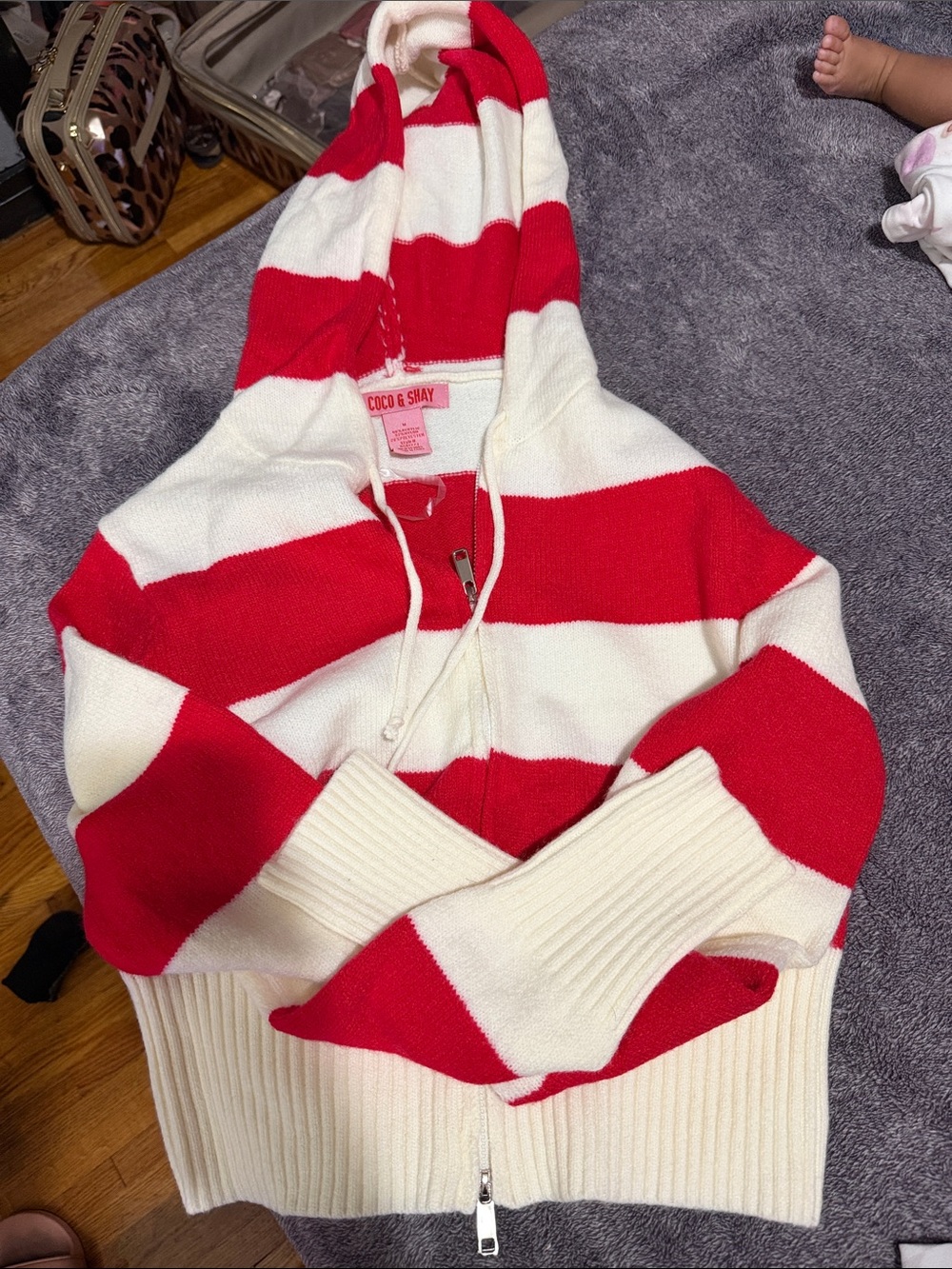 Coco & Shay Red and White Striped Zip Hooded Sweater